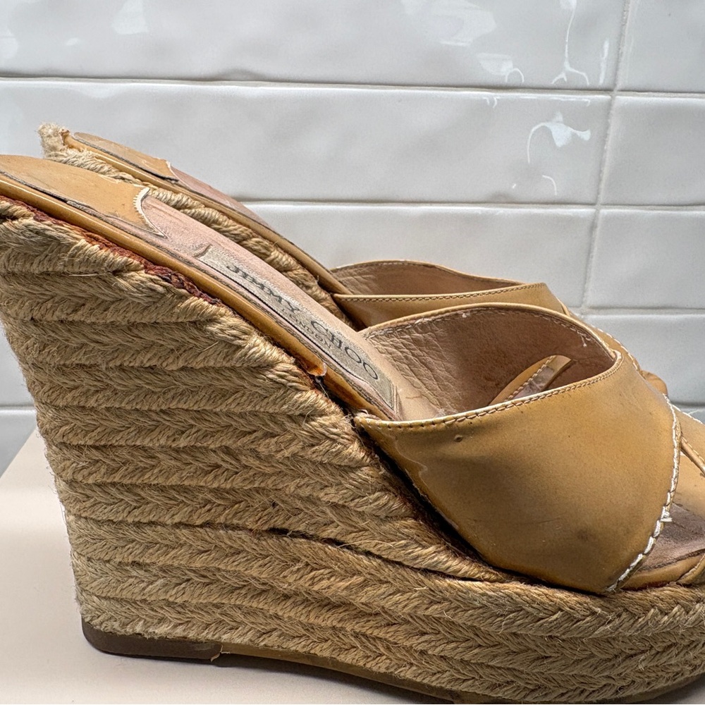Jimmy Choo Tan Espadrille Wedge Slides